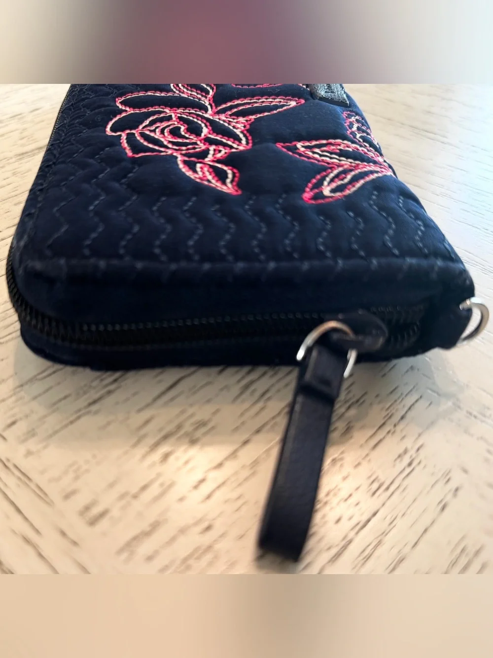 Vera Bradley Classic Navy Quilted Floral Embroidered RFID Zip Around Wallet